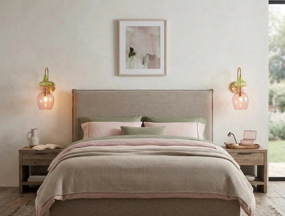 Pink Blown Glass Wall Sconce with Brass – Modern Ribbed Bedside Wall Light | Les Trois Pyramides