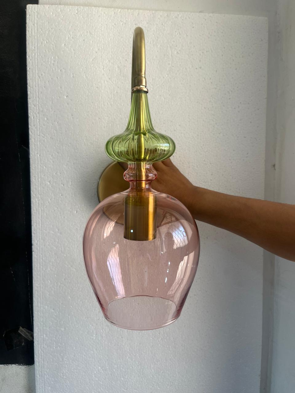 Pink Blown Glass Wall Sconce with Brass – Modern Ribbed Bedside Wall Light | Les Trois Pyramides