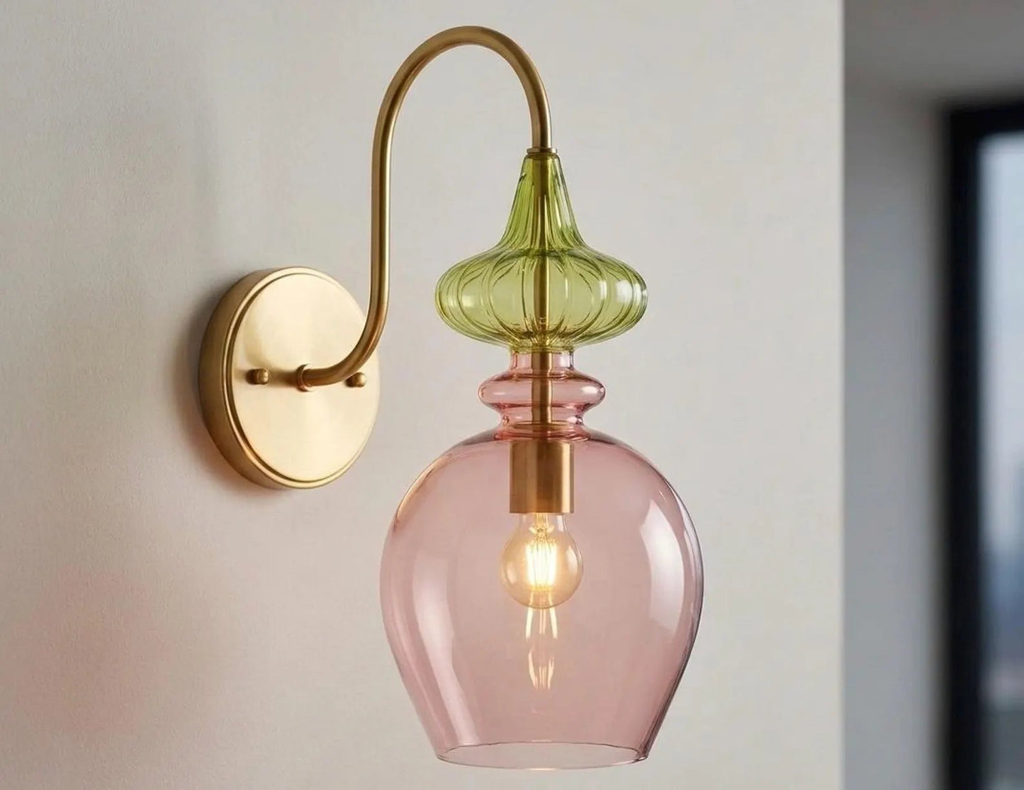 Pink Blown Glass Wall Sconce with Brass – Modern Ribbed  Wall Light | Les Trois Pyramides