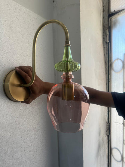 Pink Blown Glass Wall Sconce with Brass – Modern Ribbed Bedside Wall Light | Les Trois Pyramides