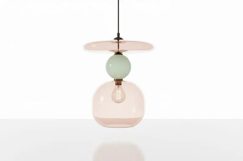 Pink Modern Glass Pendant Light | Hanging Ceiling Lamp for Kitchen Island & Living Room | Designer Glass Light Fixture | Les Trois Pyramides