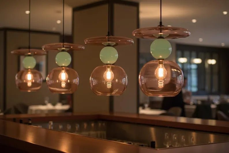 Pink Modern Glass Pendant Light | Hanging Ceiling Lamp for Kitchen Island & Living Room | Designer Glass Light Fixture | Les Trois Pyramides