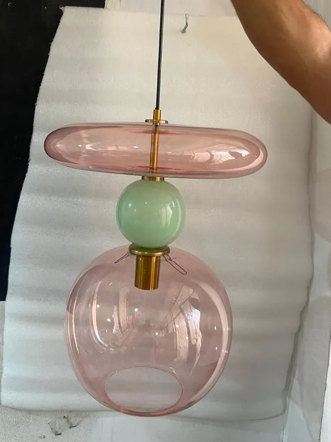 Pink Modern Glass Pendant Light | Hanging Ceiling Lamp for Kitchen Island & Living Room | Designer Glass Light Fixture | Les Trois Pyramides
