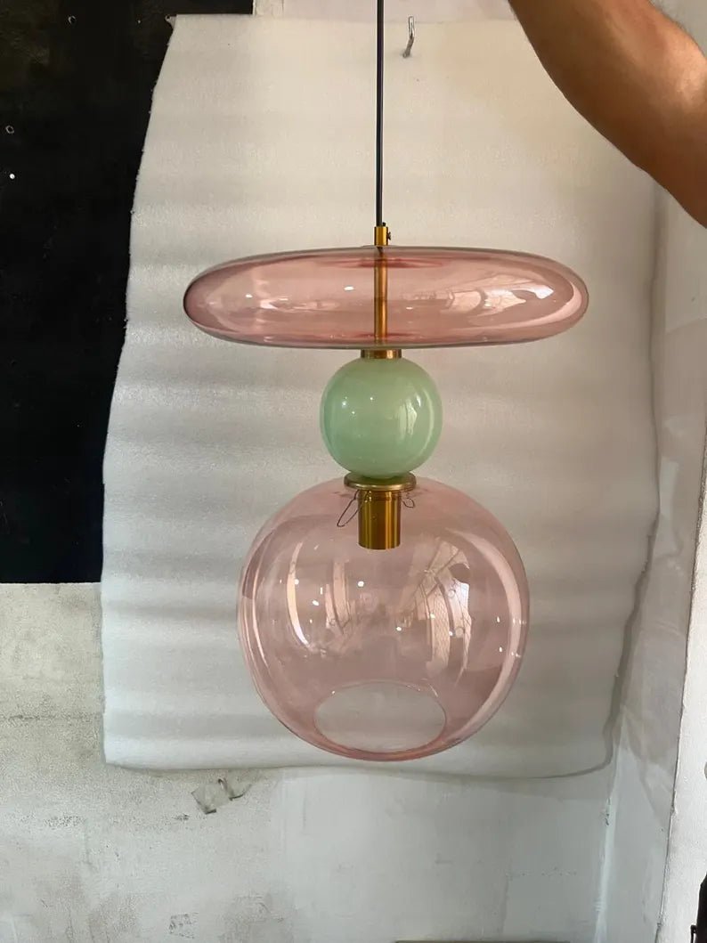Pink Modern Glass Pendant Light | Hanging Ceiling Lamp for Kitchen Island & Living Room | Designer Glass Light Fixture | Les Trois Pyramides