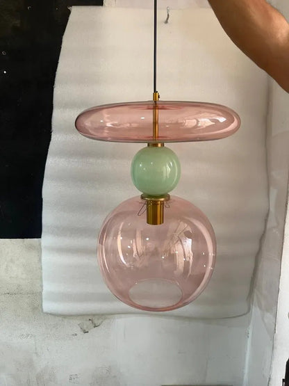 Pink Modern Glass Pendant Light | Hanging Ceiling Lamp for Kitchen Island & Living Room | Designer Glass Light Fixture | Les Trois Pyramides