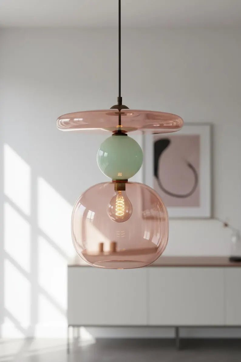 Pink Modern Glass Pendant Light | Hanging Ceiling Lamp for Kitchen Island & Living Room | Designer Glass Light Fixture | Les Trois Pyramides