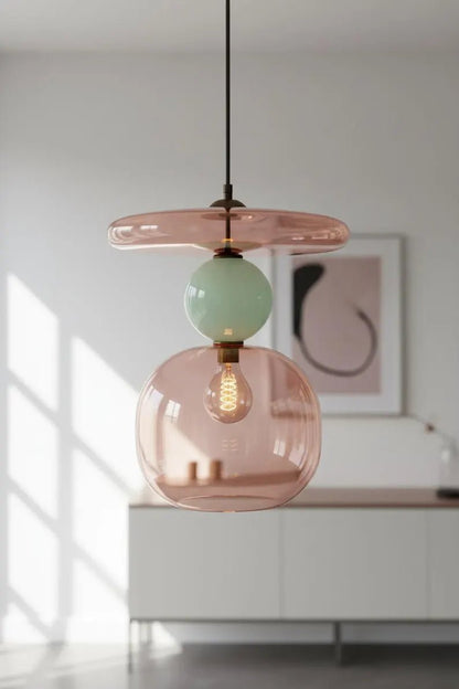 Pink Modern Glass Pendant Light | Hanging Ceiling Lamp for Kitchen Island & Living Room | Designer Glass Light Fixture | Les Trois Pyramides
