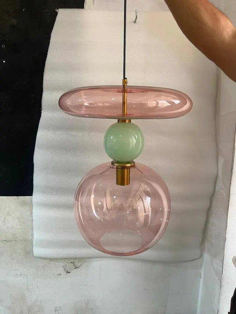 Pink Modern Glass Pendant Light | Hanging Ceiling Lamp for Kitchen Island & Living Room | Designer Glass Light Fixture | Les Trois Pyramides