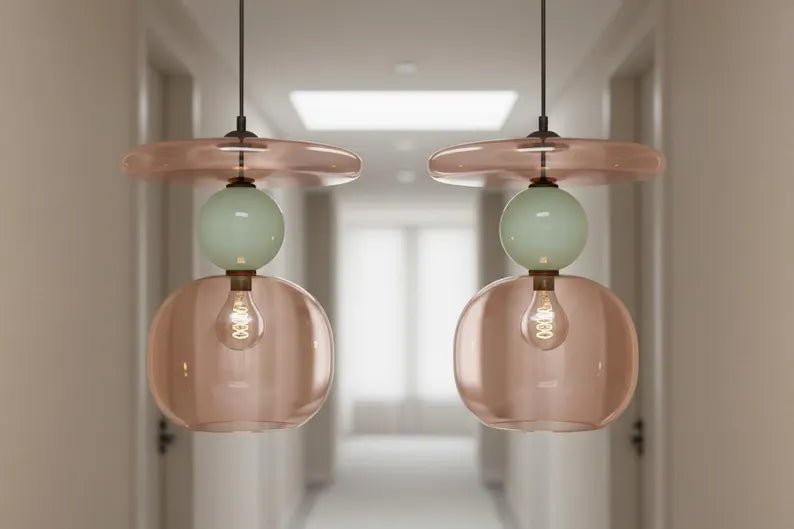 Pink Modern Glass Pendant Light | Hanging Ceiling Lamp for Kitchen Island & Living Room | Designer Glass Light Fixture | Les Trois Pyramides