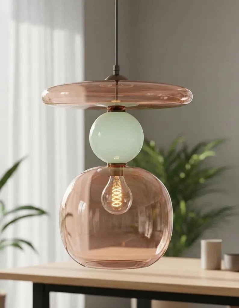 Pink Modern Glass Pendant Light | Hanging Ceiling Lamp for Kitchen Island & Living Room | Designer Glass Light Fixture | Les Trois Pyramides