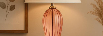 Pink Ribbed Glass Table Lamp with White Shade – Modern Bedside & Living Room Lighting