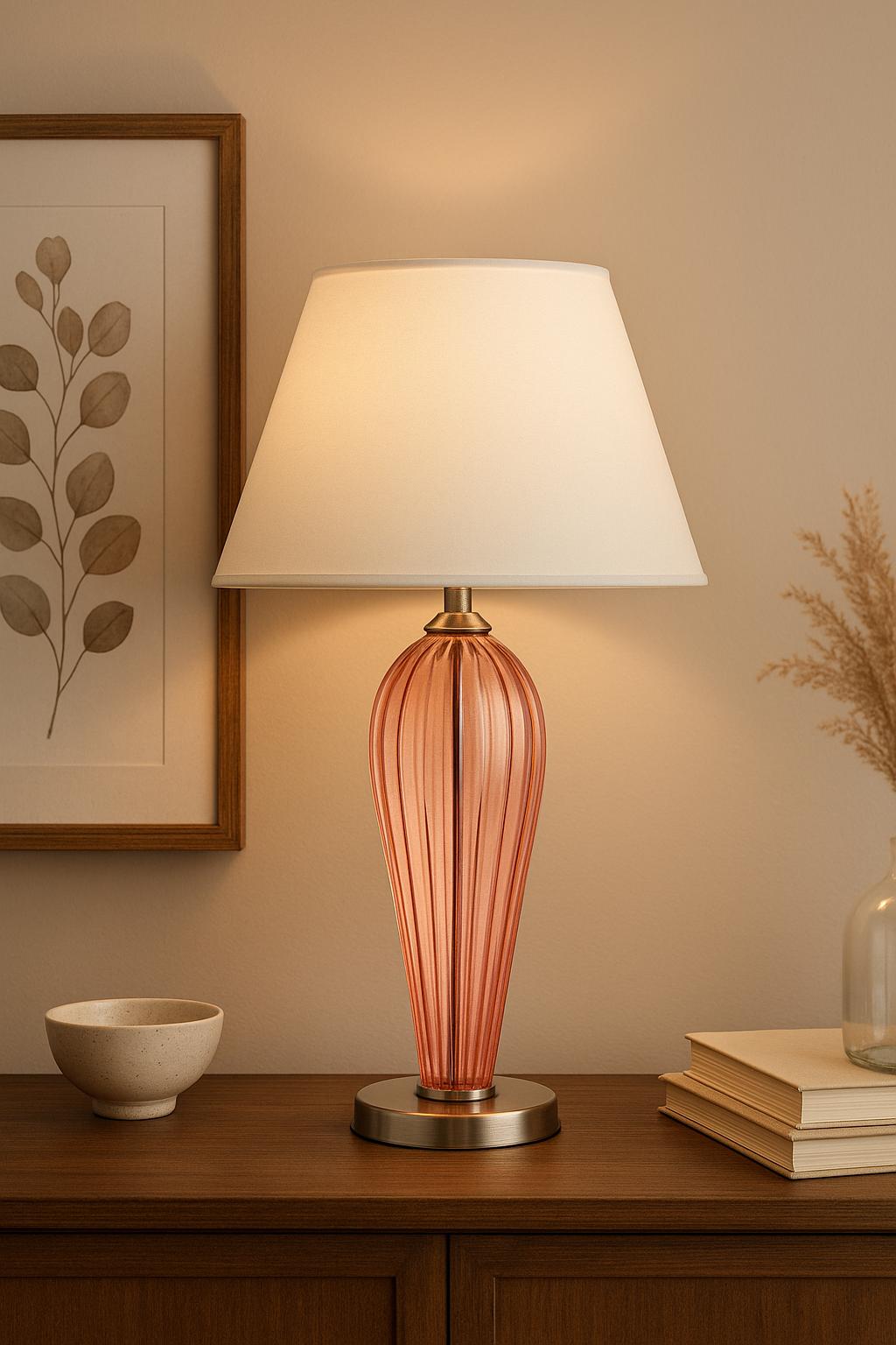 Pink Ribbed Glass Table Lamp with White Shade – Modern Bedside & Living Room Lighting