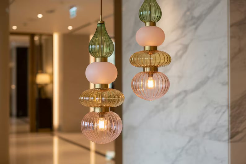 Colorful Glass Pendant Light, Modern Statement Lighting, Pink Green Hanging Lamp, Kitchen Island Light, Unique Ceiling Light | Les Trois Pyramides