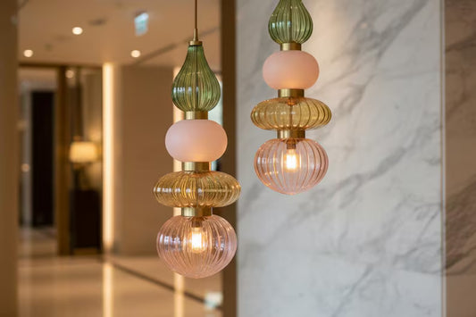 Colorful Glass Pendant Light, Modern Statement Lighting, Pink Green Hanging Lamp, Kitchen Island Light, Unique Ceiling Light | Les Trois Pyramides