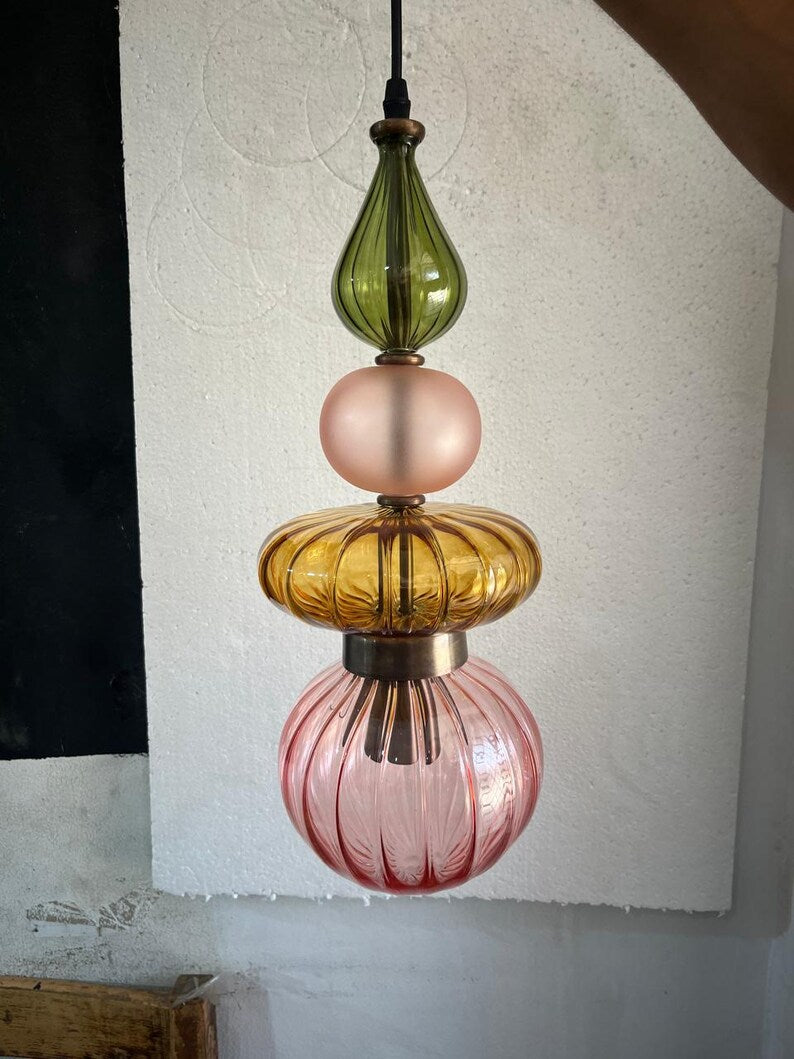 Colorful Glass Pendant Light, Modern Statement Lighting, Pink Green Hanging Lamp, Kitchen Island Light, Unique Ceiling Light | Les Trois Pyramides