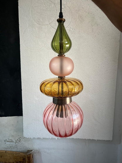 Colorful Glass Pendant Light, Modern Statement Lighting, Pink Green Hanging Lamp, Kitchen Island Light, Unique Ceiling Light | Les Trois Pyramides