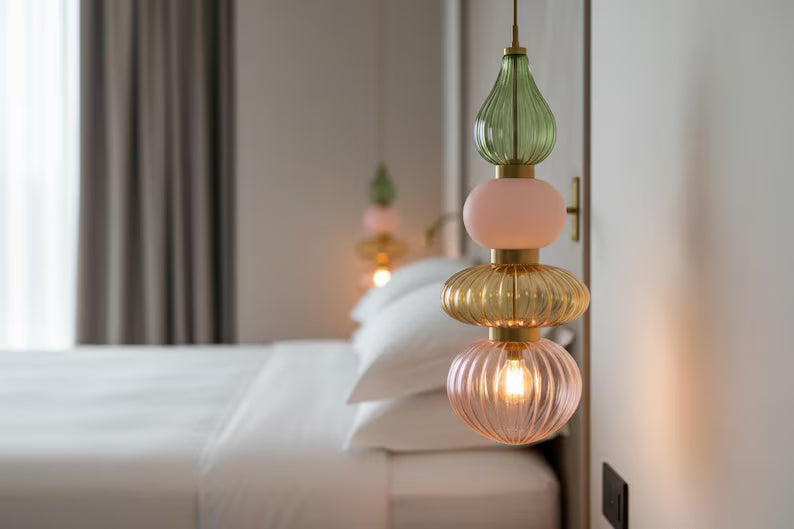 Colorful Glass Pendant Light, Modern Statement Lighting, Pink Green Hanging Lamp, Kitchen Island Light, Unique Ceiling Light | Les Trois Pyramides