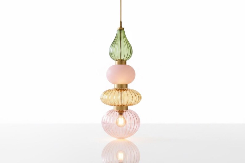Colorful Glass Pendant Light, Modern Statement Lighting, Pink Green Hanging Lamp, Kitchen Island Light, Unique Ceiling Light | Les Trois Pyramides