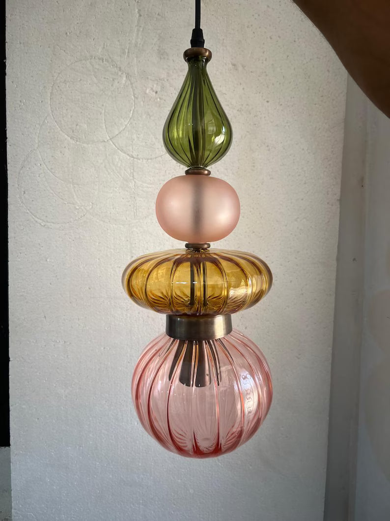 Colorful Glass Pendant Light, Modern Statement Lighting, Pink Green Hanging Lamp, Kitchen Island Light, Unique Ceiling Light | Les Trois Pyramides