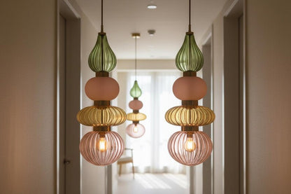 Colorful Glass Pendant Light, Modern Statement Lighting, Pink Green Hanging Lamp, Kitchen Island Light, Unique Ceiling Light | Les Trois Pyramides
