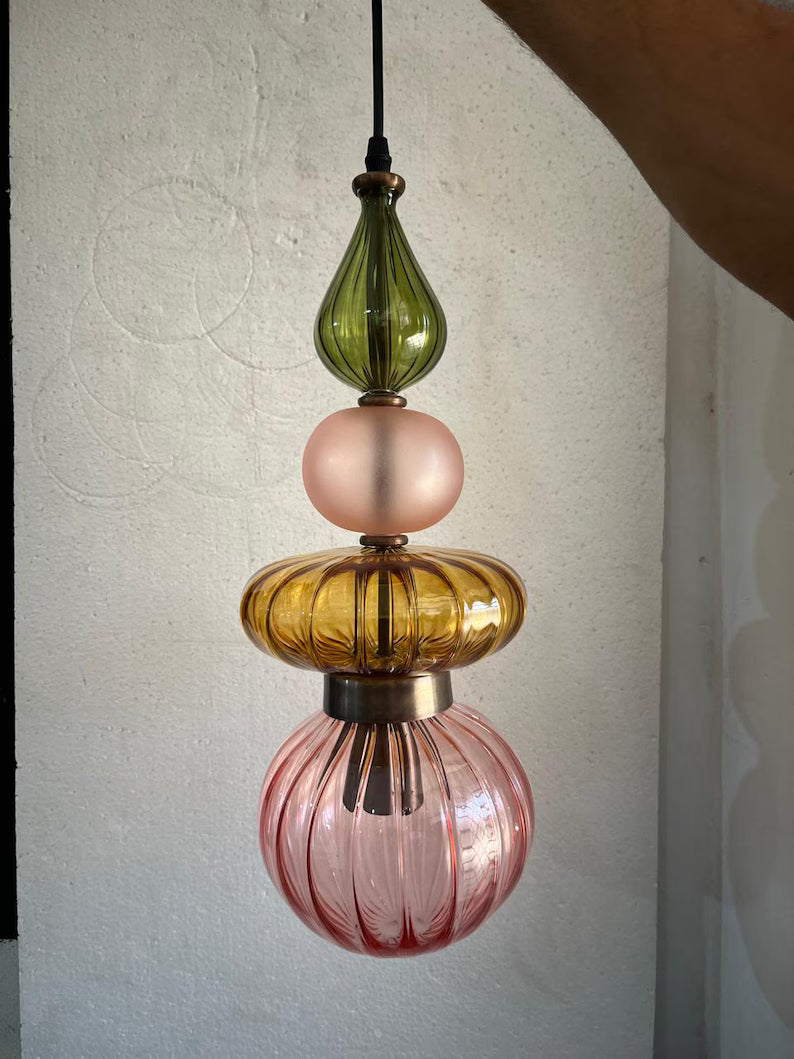 Colorful Glass Pendant Light, Modern Statement Lighting, Pink Green Hanging Lamp, Kitchen Island Light, Unique Ceiling Light | Les Trois Pyramides