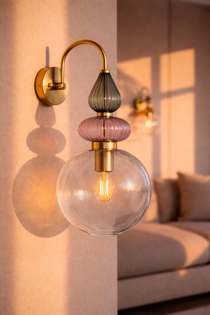 Pink Glass Wall Sconce, Brass Wall Light, Modern Murano Style Lamp, Hand Blown Glass Lighting, Bedroom Bedside Wall Light Fixture | Les Trois Pyramides