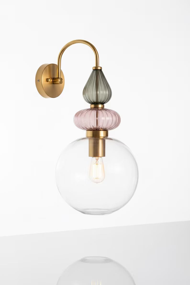 Pink Glass Wall Sconce, Brass Wall Light, Modern Murano Style Lamp, Hand Blown Glass Lighting, Bedroom Bedside Wall Light Fixture | Les Trois Pyramides