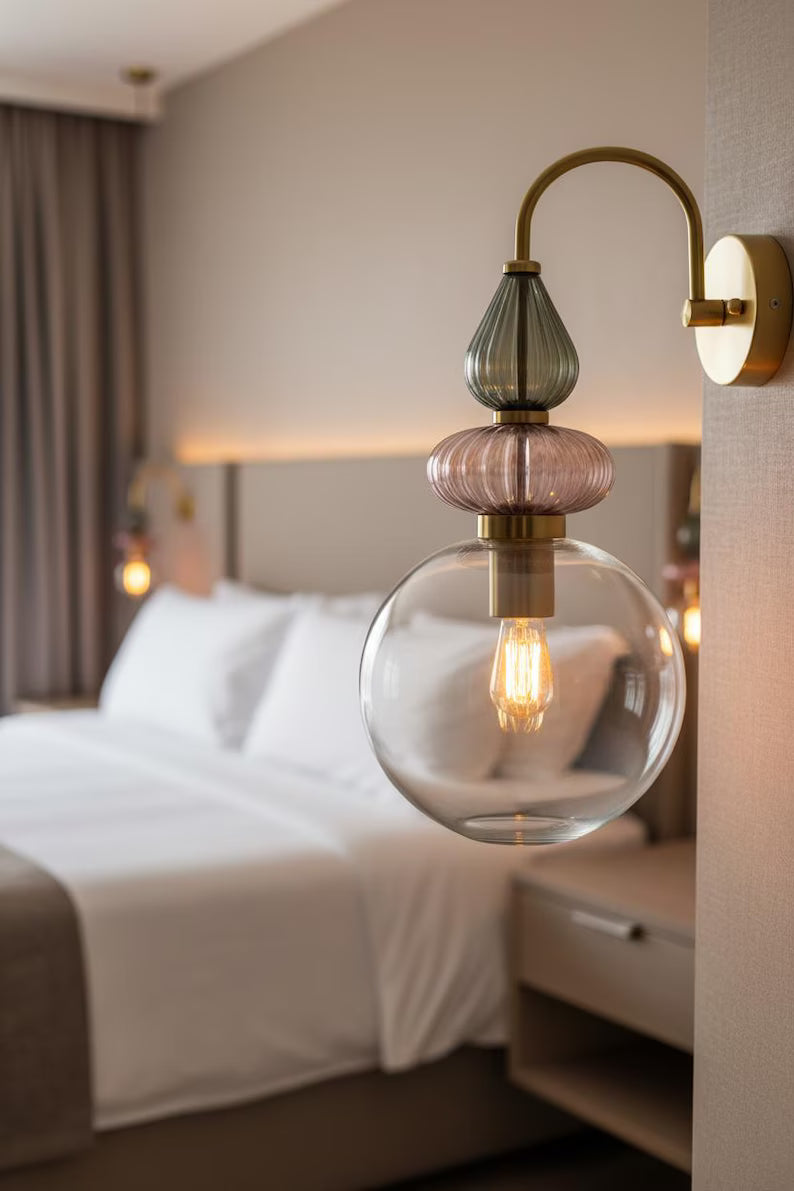Pink Glass Wall Sconce, Brass Wall Light, Modern Murano Style Lamp, Hand Blown Glass Lighting, Bedroom Bedside Wall Light Fixture | Les Trois Pyramides