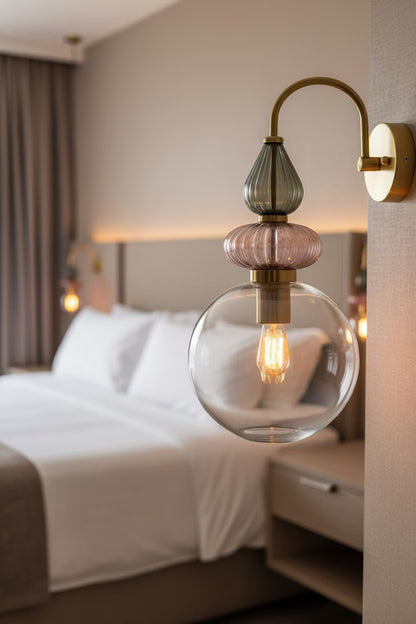 Pink Glass Wall Sconce, Brass Wall Light, Modern Murano Style Lamp, Hand Blown Glass Lighting, Bedroom Bedside Wall Light Fixture | Les Trois Pyramides