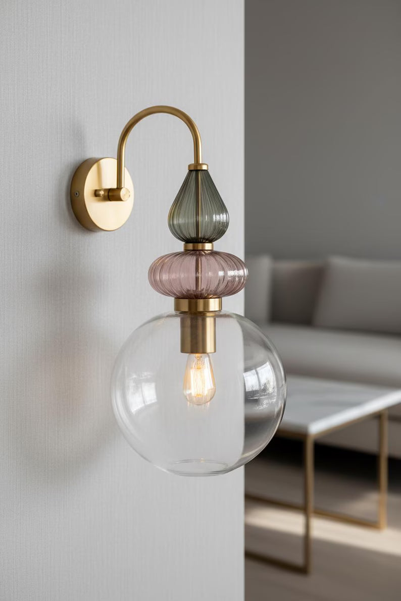 Pink Glass Wall Sconce, Brass Wall Light, Modern Murano Style Lamp, Hand Blown Glass Lighting, Bedroom Bedside Wall Light Fixture | Les Trois Pyramides