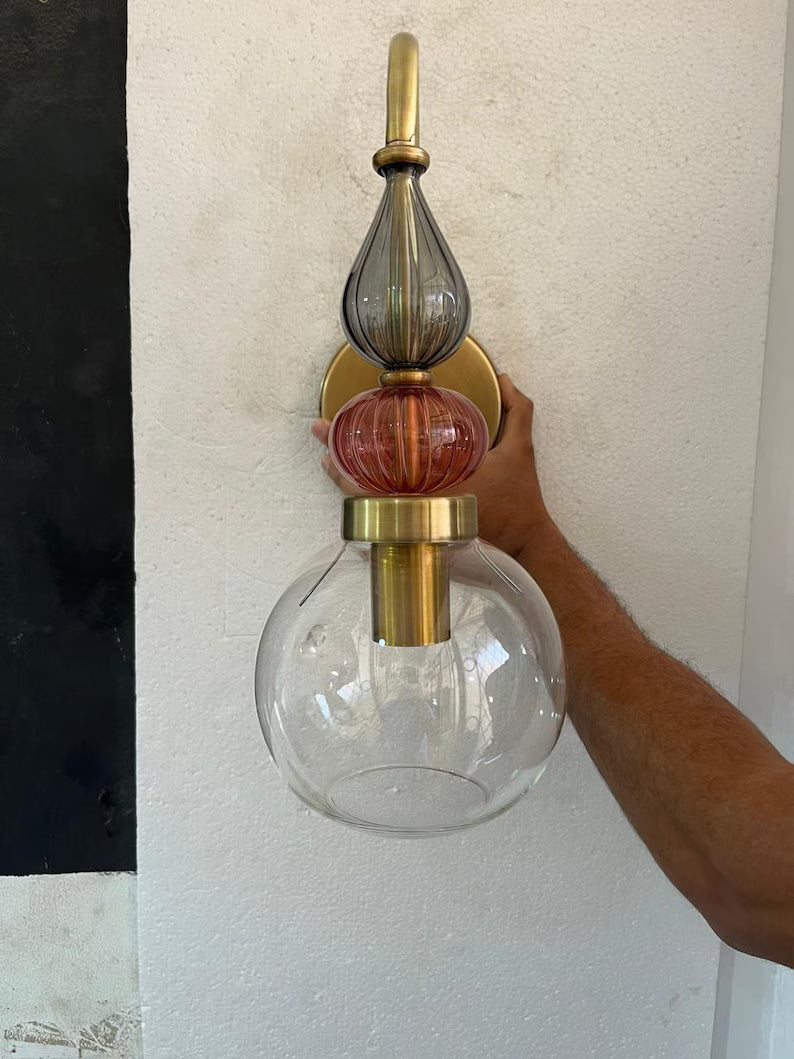 Pink Glass Wall Sconce, Brass Wall Light, Modern Murano Style Lamp, Hand Blown Glass Lighting, Bedroom Bedside Wall Light Fixture | Les Trois Pyramides