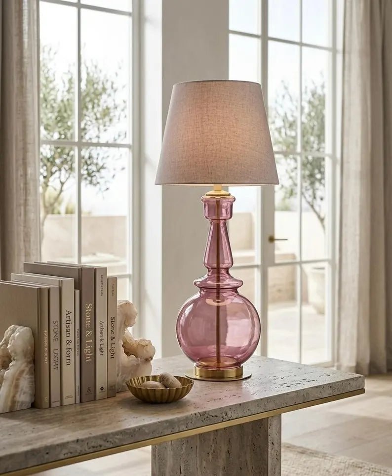 Handmade Plum-Colored Glass Table Lamp with Brass Accents | Les Trois Pyramides