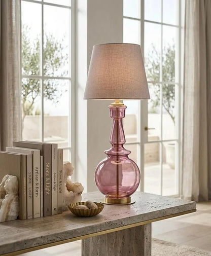 Handmade Plum-Colored Glass Table Lamp with Brass Accents | Les Trois Pyramides