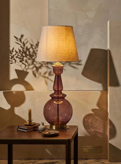 Handmade Plum-Colored Glass Table Lamp with Brass Accents | Les Trois Pyramides