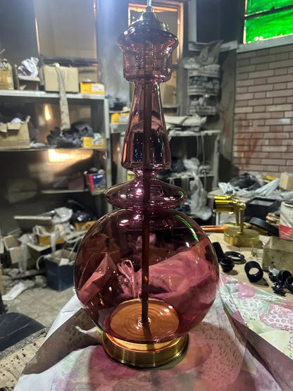 Handmade Plum-Colored Glass Table Lamp with Brass Accents | Les Trois Pyramides