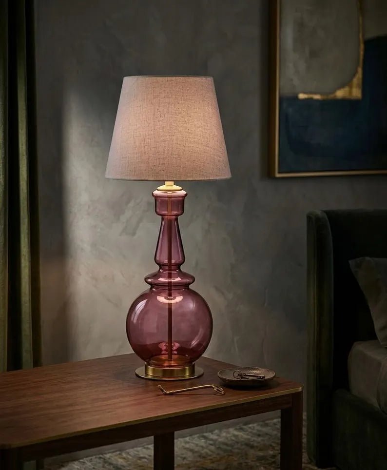 Handmade Plum-Colored Glass Table Lamp with Brass Accents | Les Trois Pyramides