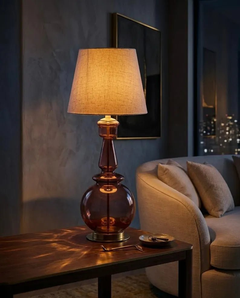 Handmade Plum-Colored Glass Table Lamp with Brass Accents | Les Trois Pyramides