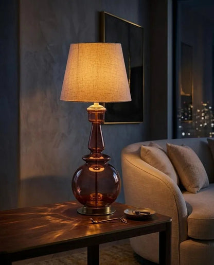 Handmade Plum-Colored Glass Table Lamp with Brass Accents | Les Trois Pyramides