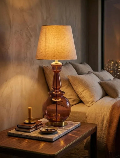 Handmade Plum-Colored Glass Table Lamp with Brass Accents | Les Trois Pyramides