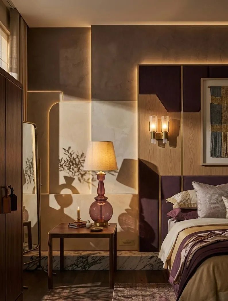 Handmade Plum-Colored Glass Table Lamp with Brass Accents | Les Trois Pyramides