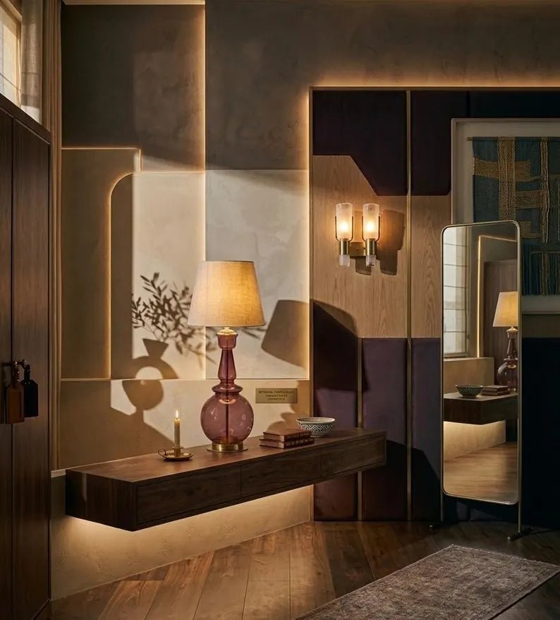 Handmade Plum-Colored Glass Table Lamp with Brass Accents | Les Trois Pyramides