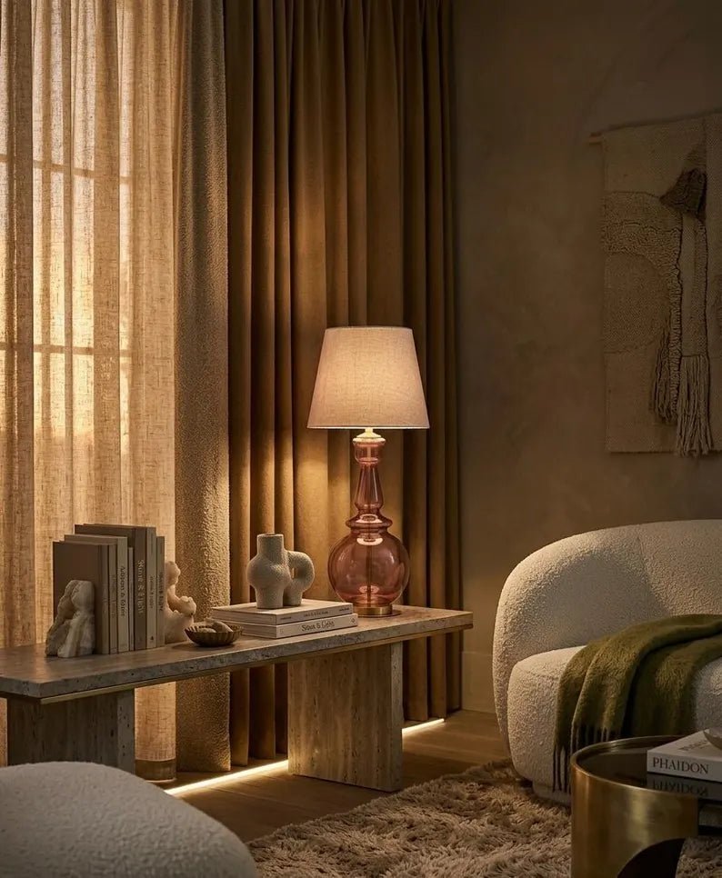 Handmade Plum-Colored Glass Table Lamp with Brass Accents | Les Trois Pyramides