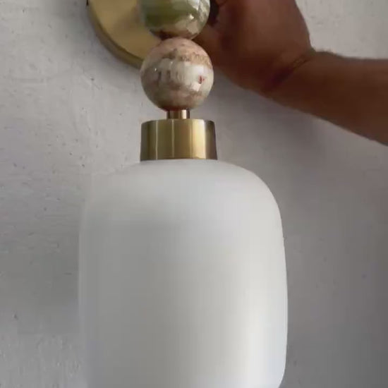 Frosted Glass wall sconce with Natural onyx stones - Brass Finish Light Fixture - Artisan Wall Lighting  Les Trois Pyramides