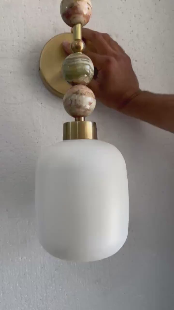 Frosted Glass wall sconce with Natural onyx stones - Brass Finish Light Fixture - Artisan Wall Lighting  Les Trois Pyramides