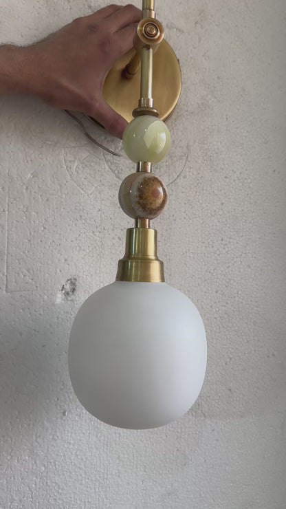 Brass Wall Sconce with Frosted Glass & Onyx – Handmade Bedside & Bathroom Light