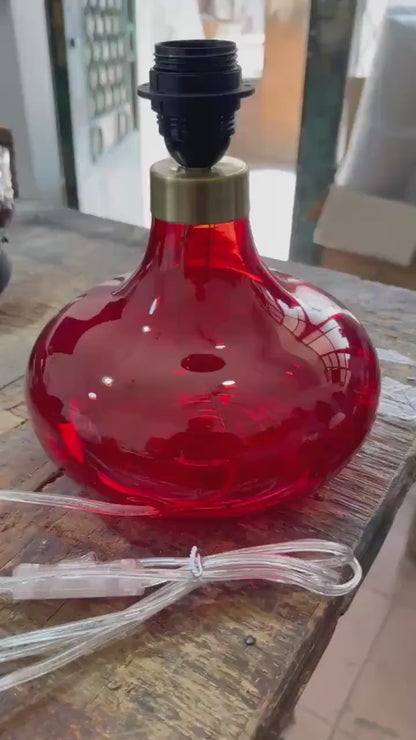 Hand-Blown Concave Circle Red Glass Table Lamp | Artisan Glass Lamp with Cream Shade