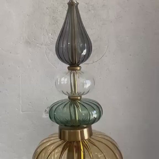 Glass Pendant Light Brass, Kitchen Island Lighting, Amber Green Hanging Lamp, Hand Blown Glass Pendant, Modern Ceiling Light | Les Trois Pyramides 