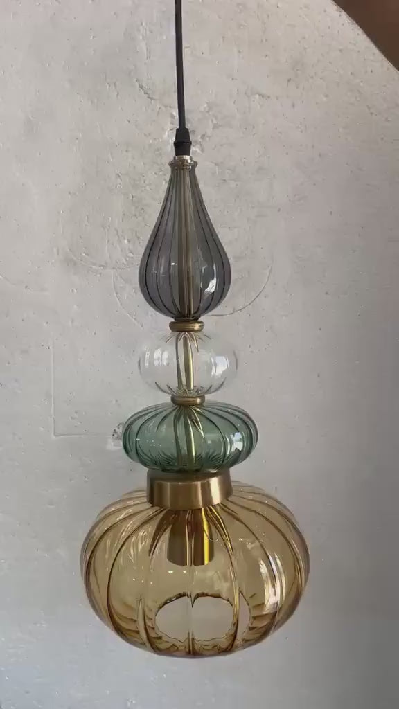 Glass Pendant Light Brass, Kitchen Island Lighting, Amber Green Hanging Lamp, Hand Blown Glass Pendant, Modern Ceiling Light | Les Trois Pyramides 