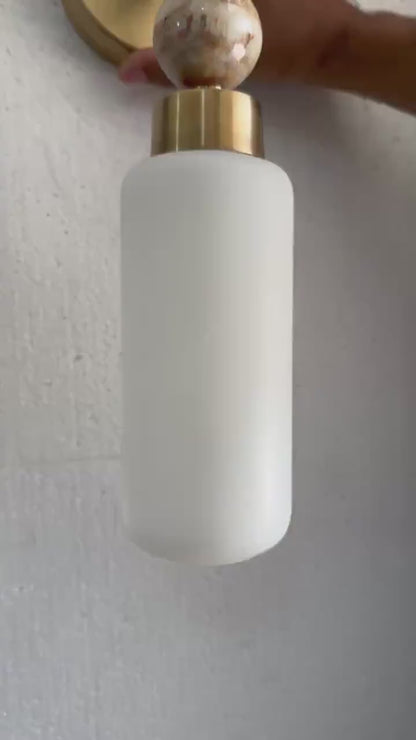 Frosted Glass Cylinder wall sconce with Natural onyx stones - Brass Finish Light Fixture - Artisan Wall Lighting | Les Trois Pyramides