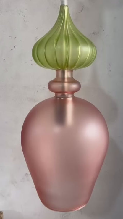 Hand-Blown Frosted Glass Pendant in Copper Rose with Olive Green Top